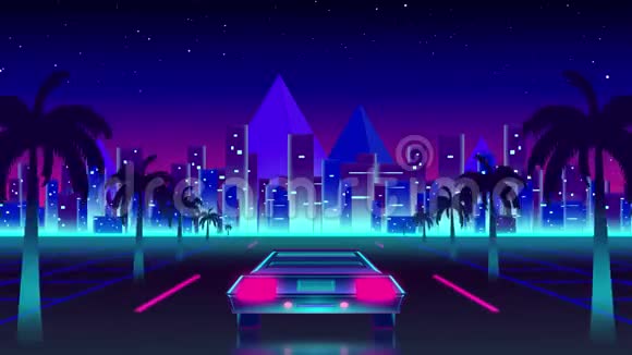 夜晚蓝粉色天空的道路动画视频的预览图