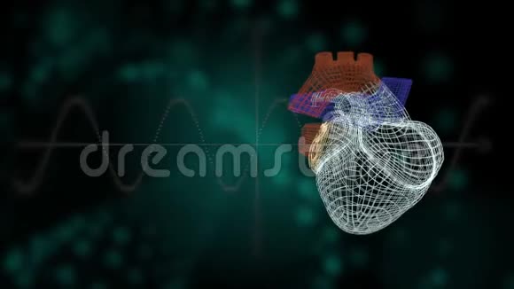 心脏病发作的概念黑暗空间背景下的抽象网格式心脏主动抽血和心率图视频的预览图
