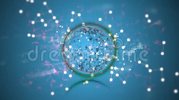 蓝色背景上漂浮的白丛颗粒之间的圆形多角球花图案视频的预览图