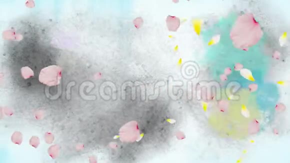 以粉红色花瓣和鸟类漂浮的春天景色动画视频的预览图
