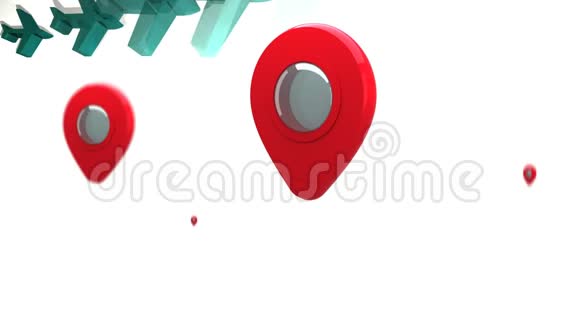 在一排排绿色飞机上跳跃的红色定位针的动画视频的预览图