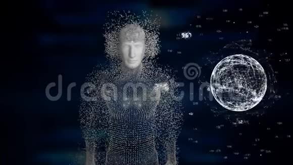 用灰色粒子和地球仪在蓝色背景上旋转制作的人体模型动画视频的预览图