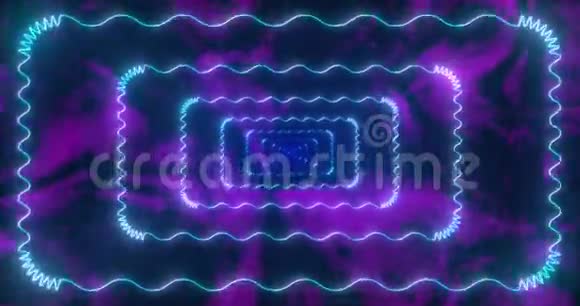 圆形矩形波浪形的无边蓝色霓虹灯隧道视频的预览图