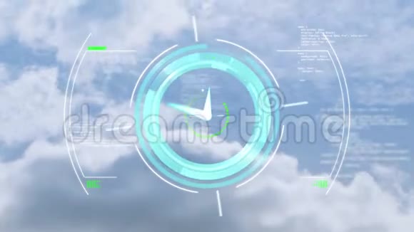 时钟快速移动范围扫描和数据处理多云天空背景视频的预览图