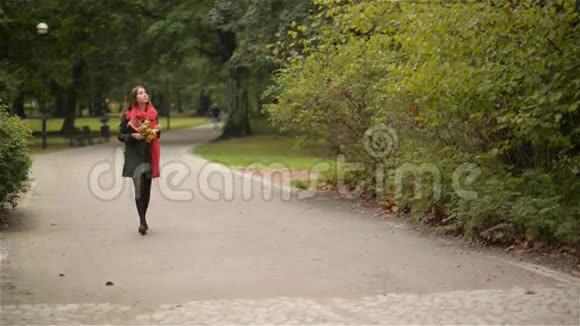 美丽的年轻女子走在城市公园附近的人行道上学生女孩拿着一束黄叶和笔记本视频的预览图