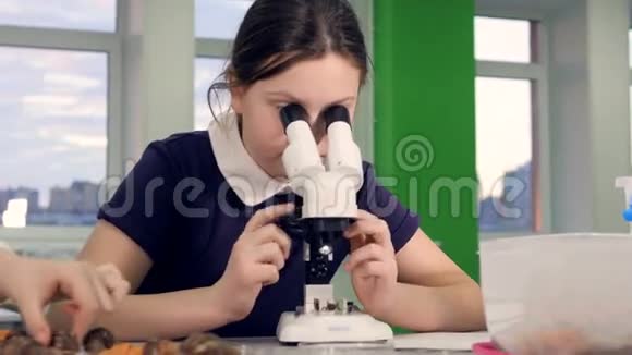 在学校研究实验室看显微镜的年轻女孩视频的预览图