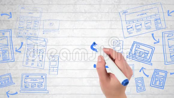 蓝色轮廓的动画人们在白纸上用记号笔绘制图标视频的预览图