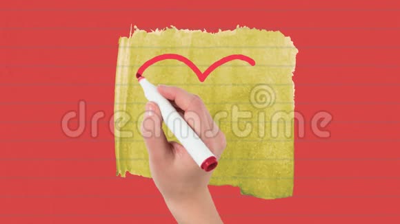 红色轮廓心脏图标的动画用红色背景上黄色的记号笔绘制视频的预览图