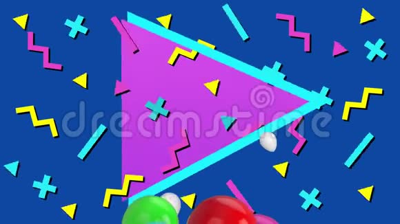 彩色气球漂浮在蓝色背景上的彩色形状上视频的预览图