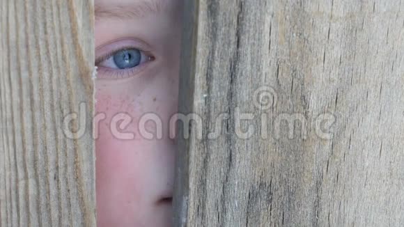 少年在栅栏或门口窥视裂缝视频的预览图