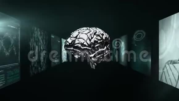 3D大脑在科学屏幕走廊中旋转的动画视频的预览图