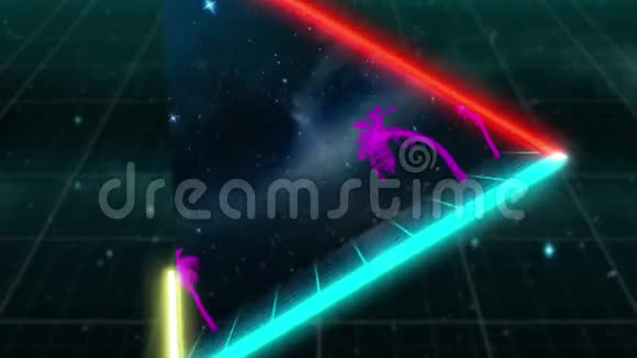 三角形的发光轮廓背景上有星星的发光树木视频的预览图