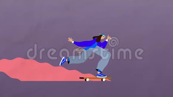 一个人骑着滑板的卡通后面有粉红色的痕迹视频的预览图