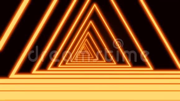 计算机生成的抽象霓虹灯三角隧道由黑色背景上黄色移动线组成三维视频的预览图