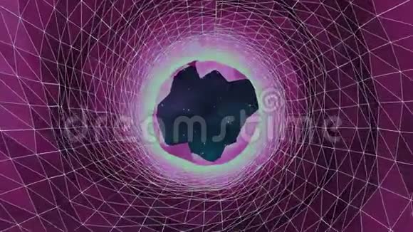 一个隧道的动画多个发光的紫色轮廓移动与旋转粒子的云视频的预览图