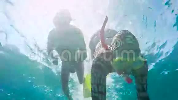 几个穿泳装和脚蹼的游客在巴厘岛附近的海洋里潜水年轻女子正在附近潜水视频的预览图