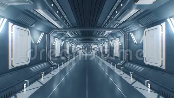 飞行通过未来的建筑隧道与打开金属门和移动到白光摘要视频的预览图