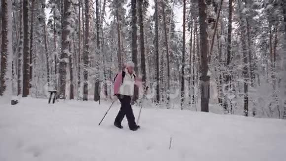 这位背着黑色背包的老妇人走着冬林的小径老年人从事视频的预览图
