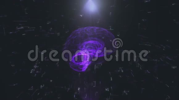 黑色背景下的洋红色射线中的人脑全息图绕轴旋转的无缝图形视频的预览图