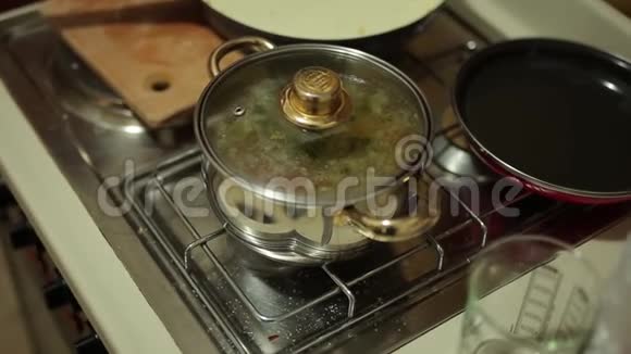 炉子上的锅汤烹饪食品视频的预览图