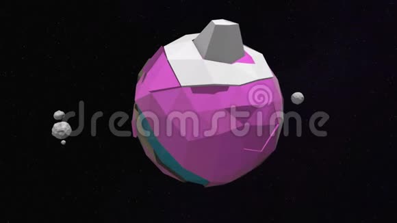 外星概念3D低聚动画奇怪生动的粉红色行星及其卫星在外层空间旋转视频的预览图