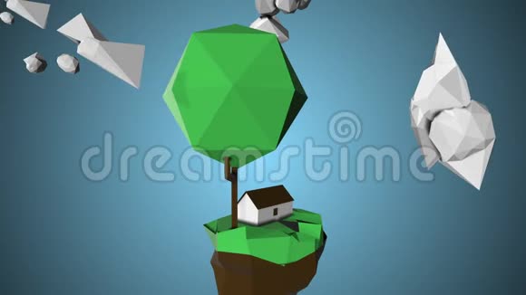 可再生能源概念多角形岛屿上的卡通树和房子在蓝色背景上旋转住在远离蓝色背景的地方视频的预览图