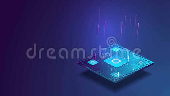 未来派微芯片处理器蓝色背景上有灯光量子计算机大数据处理数据库视频的预览图