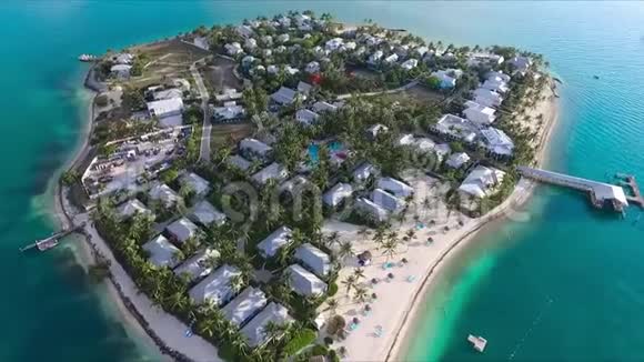 在佛罗里达深蓝色绿松石海水中一架豪华别墅棕榈树小热带小岛上惊人的无人机拍摄视频的预览图