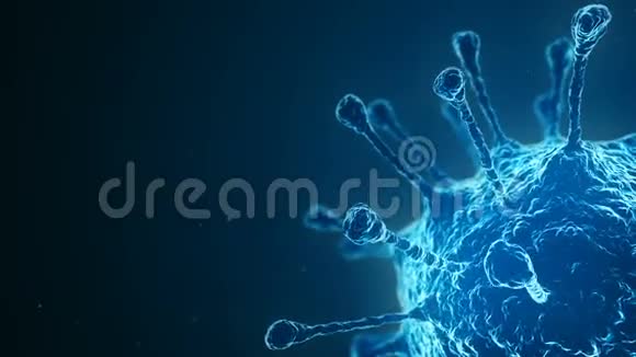 明亮发光蓝色冠状病毒在显微镜下的黑暗背景3D微生物的呈现视频的预览图