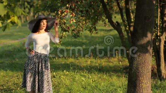美丽迷人的女孩在温暖的夏日阳光下放松一个漂亮的绿色水果花园视频的预览图