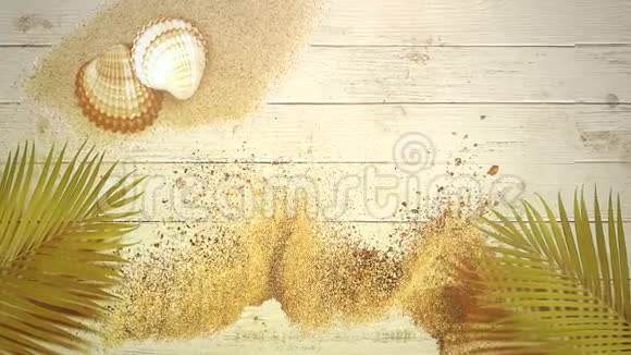 有贝壳和沙子的近距离沙滩夏季背景视频的预览图