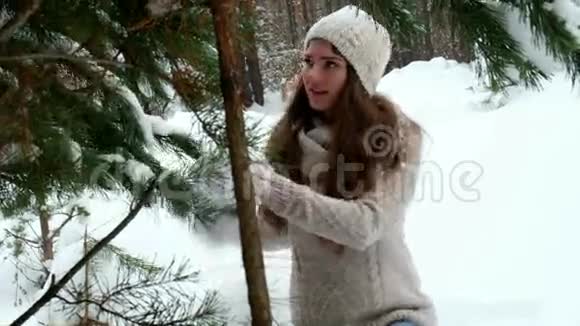 女孩在冬天的树林里散步视频的预览图