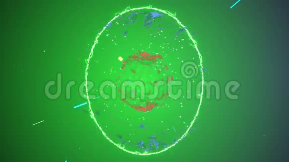 蓝色球体内的红丛球体光环围绕着旋转将五颜六色的线粒子抛入空间视频的预览图