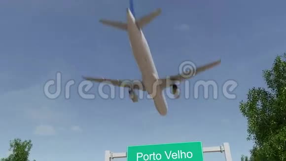 飞机抵达波尔图韦略机场前往巴西概念4K动画视频的预览图