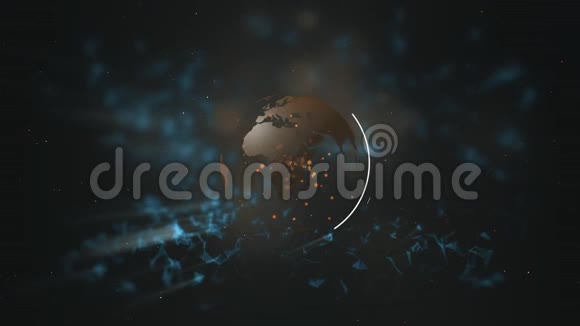暗蓝色丛状空间背景下由白色抽象粒子形成的行星和臭氧层视频的预览图