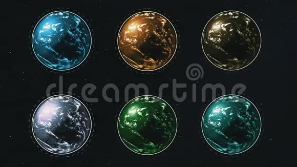 六颗不同的五颜六色的行星成排地在星空的黑暗空间上旋转视频的预览图