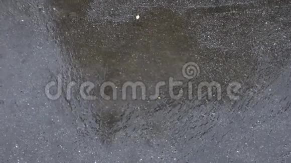 雨期沥青上水坑的特写俯视图视频的预览图