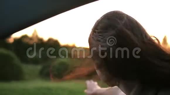 快乐的女人微笑喜欢开车旅行她从一辆汽车的窗户伸到胳膊风吹头发慢节奏视频的预览图