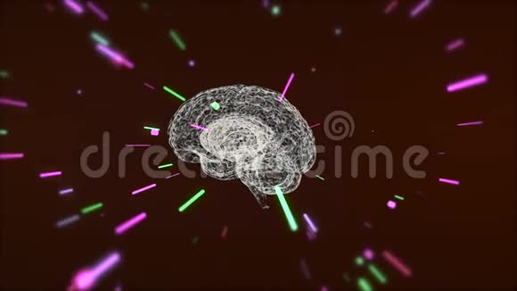 人脑在抽象高速直线粒子隧道中旋转的白色全息图放大视频的预览图