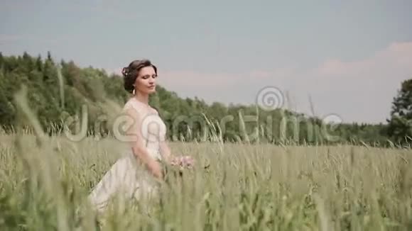 夏天美丽的新娘穿着漂亮的白色婚纱站在麦田里风吹着她的头发和锥视频的预览图