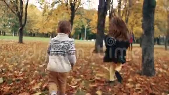快乐可爱的弟弟和妹妹一个小男孩和小女孩跑向他的母亲穿过公园里令人惊奇的秋巷慢悠悠地走着视频的预览图