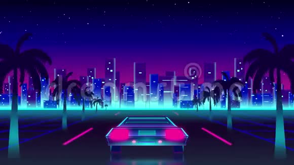 夜晚蓝粉色天空的道路动画视频的预览图