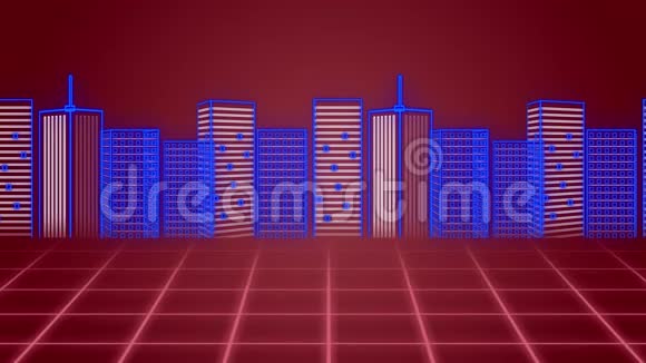 蓝色红色和红色绘制的三维城市景观动画视频的预览图
