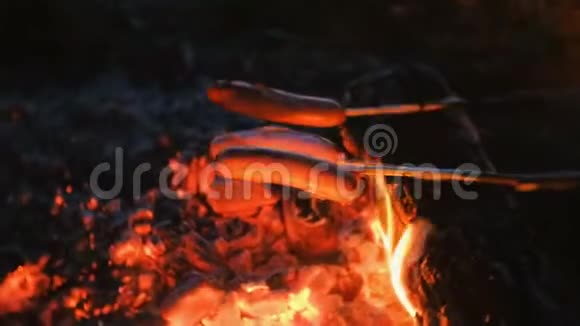 人们晚上在树林里的火上煎香肠特写香肠视频的预览图