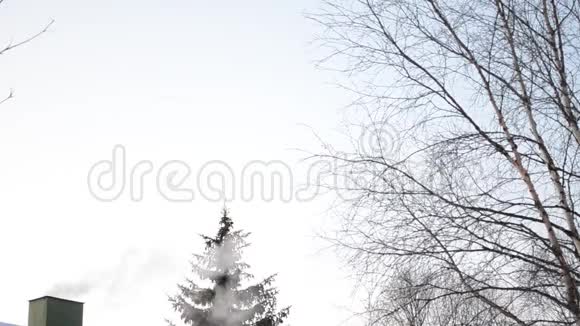 冬天从雪顶的绿色烟囱冒出来的烟视频的预览图