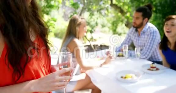 女人站在香槟杯边朋友在后台互动的肖像视频的预览图