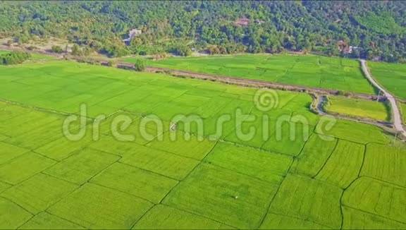从空中俯瞰到稻田和Rails森林视频的预览图