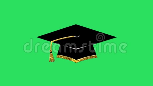 动画黑色毕业帽金色边缘上绿色背景视频的预览图