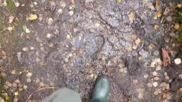 秋雨日橡胶雨靴猎手走林径4K慢动作卡雷利亚俄罗斯视频的预览图