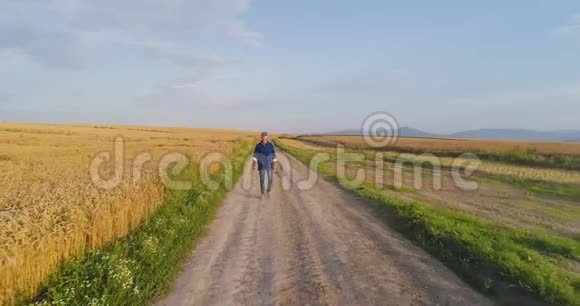 男性农场研究员站在田野的土路上视频的预览图
